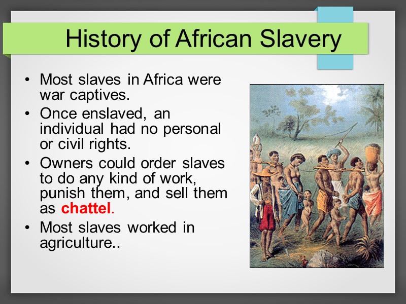 History of African Slavery Most slaves in Africa were war captives. Once enslaved, an